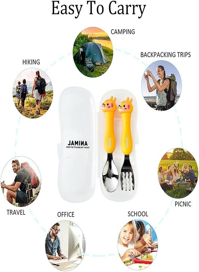 CherryBox Portable Children's Cutlery Set with Storage Case Fork and Spoon Stainless Steel Cartoon Shape (Yellow) - Image 3